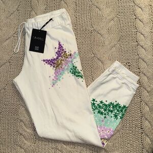Lauren Moshi Gia Star Confetti sweatpants in white cotton fleece NEW $180 Large